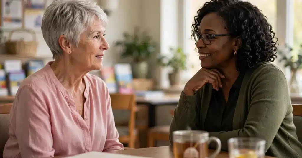 Photograph of a woman in her late sixties talking with a counselor at a table in a senior center