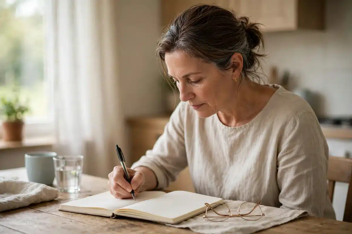 Photo of a woman in her 50s writing a simple medicine list in a plain notebook at her kitchen table at home in soft daylight