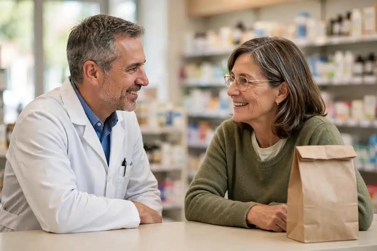 Photo of a woman in her 50s talking with a pharmacist across a bright pharmacy counter, a plain paper bag beside her