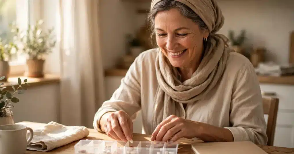 Photo of a woman in her 50s wearing a soft headscarf, setting out a simple weekly pill organiser beside a plain notebook at her kitchen table at home in warm morning light