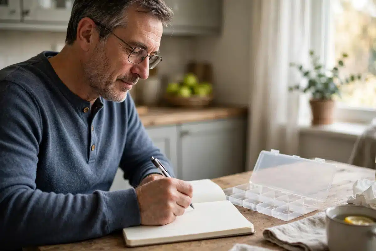 Photo of a husband sitting at the kitchen table at home writing in a plain notebook, keeping a dated log of his wife's medicines and symptoms
