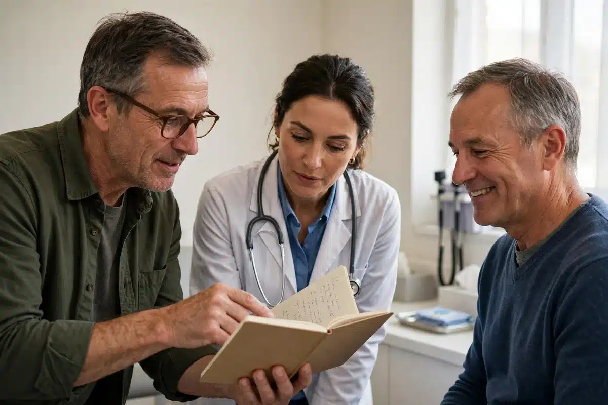Photo of a caregiver showing a plain notebook log to a doctor during an appointment in a bright clinic room, the doctor reading it with interest