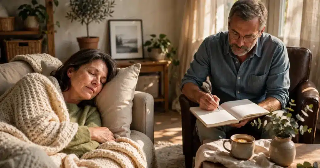 Photo of a woman resting on a sofa at home under a knitted throw while her husband sits nearby keeping notes in a plain notebook