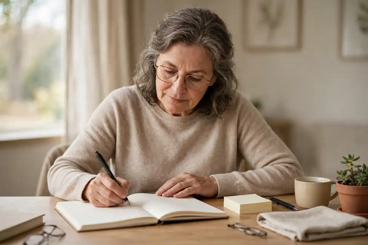 Photo of a woman in her late 50s sitting at a tidy desk at home writing in a plain open notebook with sticky notes and a pen beside her, organised and calm in soft daylight, pages blank