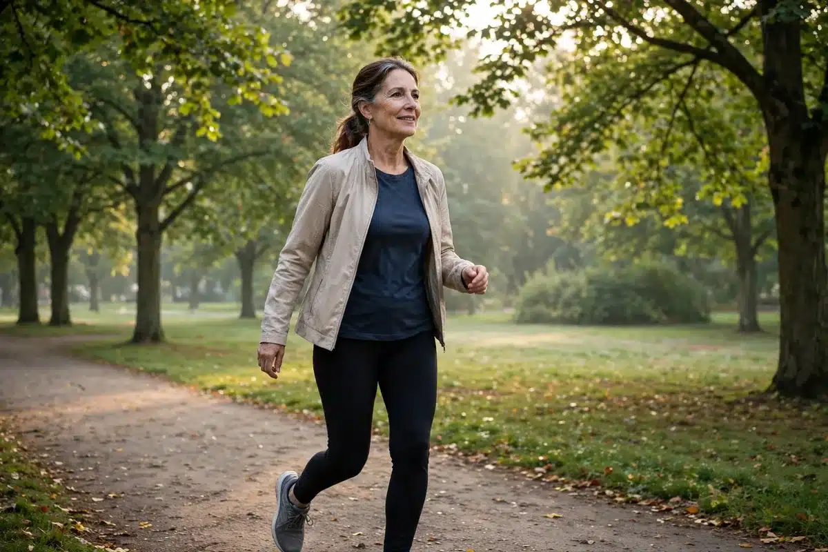 Photo of a woman in her late 50s walking briskly along a tree-lined path in a park in soft morning light, wearing a light jacket, looking clear-headed and refreshed