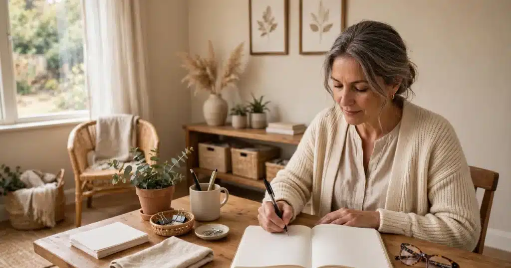 Photo of a woman in her late 50s sitting at a tidy desk at home writing in a plain open planner, glasses resting beside her, organised and calm in soft daylight