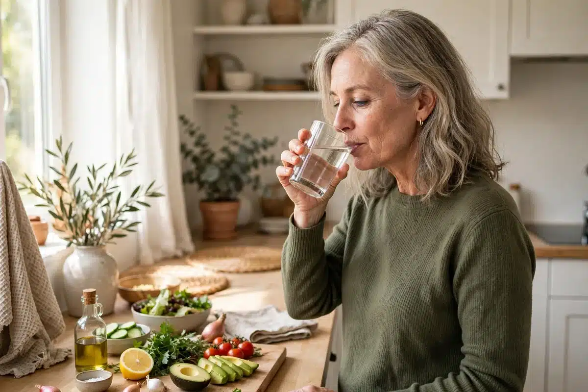 Photo of a woman at her kitchen counter rinsing her mouth with a glass of water before a meal