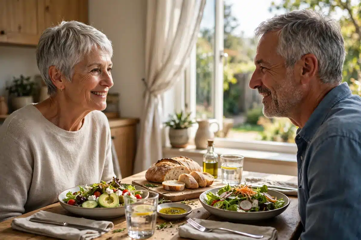 Photo of a woman and her husband sharing a relaxed lunch together at a table by a bright window at home