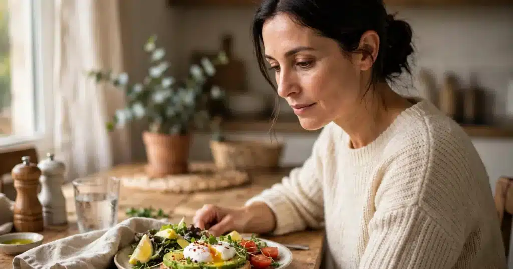 Photo of a woman sitting at a dining table at home looking thoughtfully at a plate of food