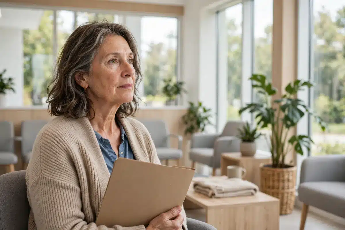 Photo of a woman in her 50s sitting calmly in a bright clinic waiting room, holding a plain folder on her lap