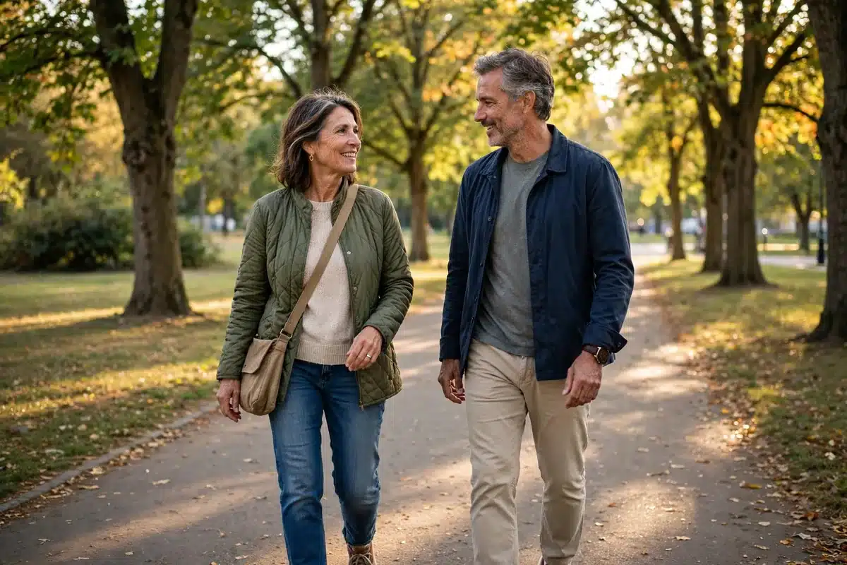 Photo of a woman in her 50s walking in a sunny park with her partner, talking as they walk