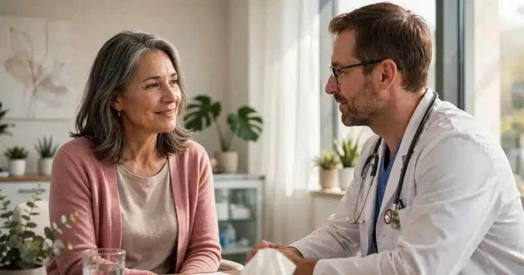 Photo of a woman in her 50s talking with her doctor in a bright clinic office about a rare breast cancer type