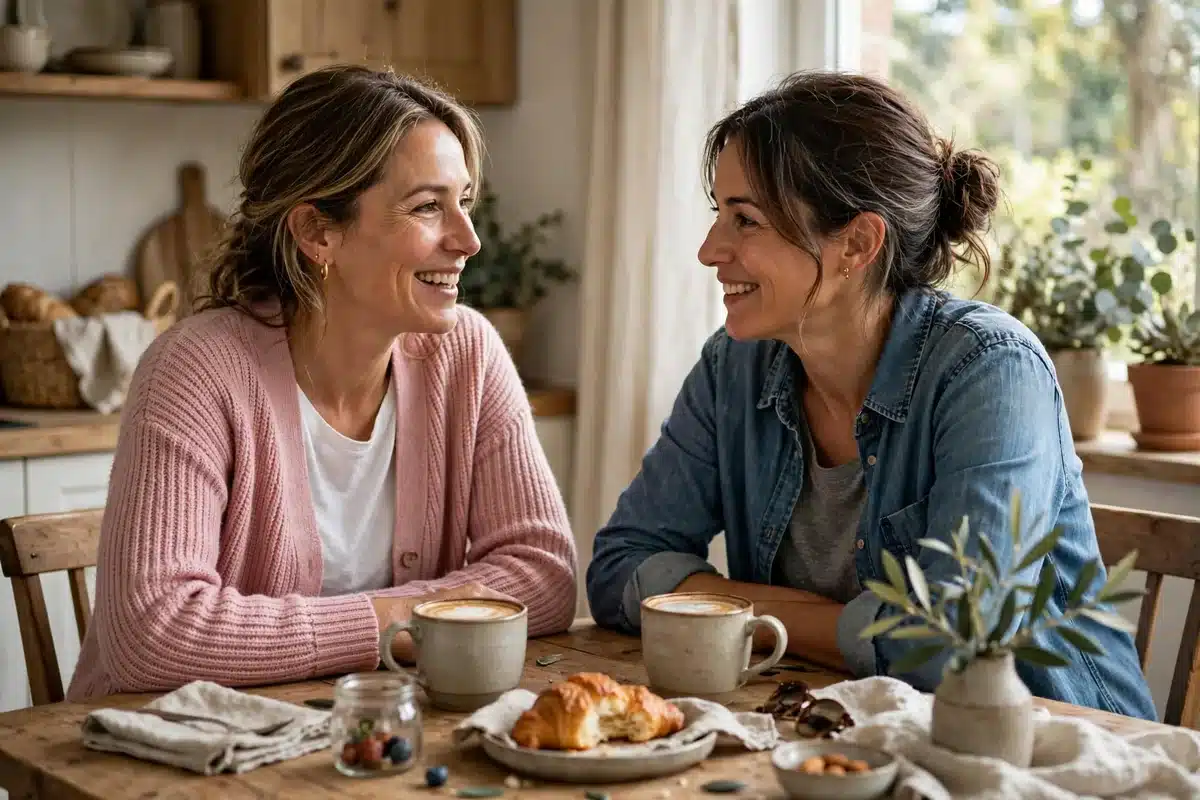 Photo of two women friends talking warmly over coffee at a kitchen table at home, one wearing a soft pink cardigan