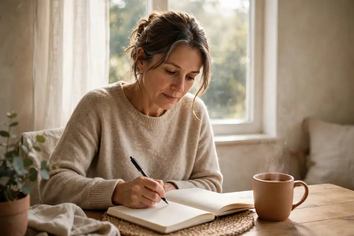 Photo of a woman writing in a journal by a bright window at home, a warm mug beside her