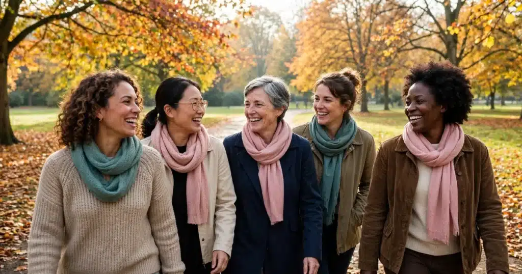 Photo of a group of women walking together at a community awareness event on a bright autumn morning, wearing soft pink and teal scarves