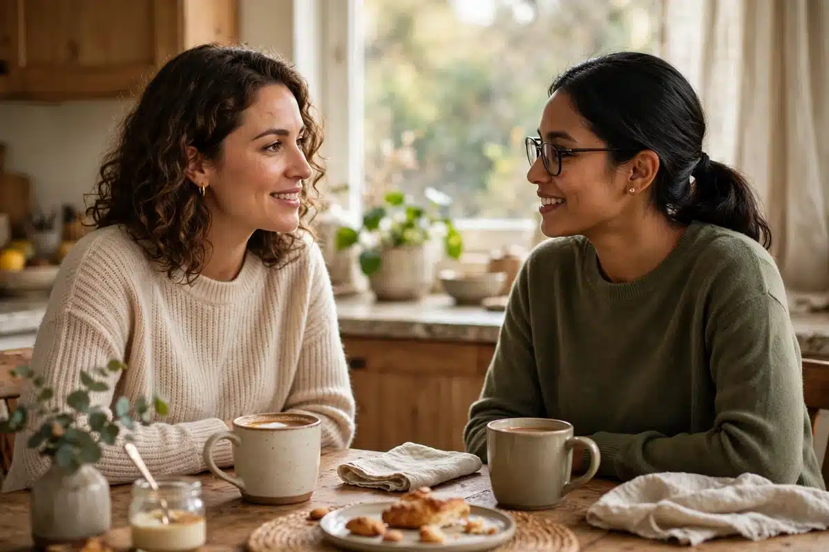 Two women friends talking over coffee at a kitchen table in warm natural light