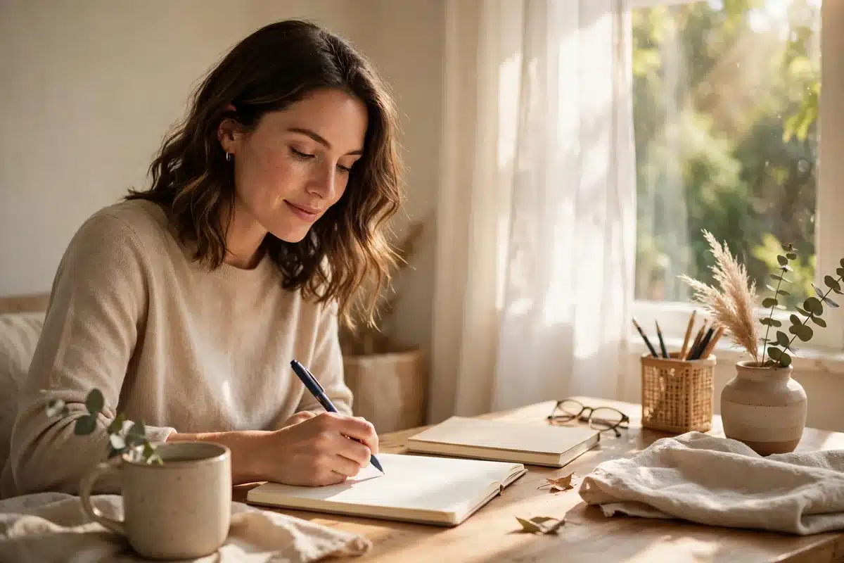 Woman writing notes at a sunny home desk in warm natural light