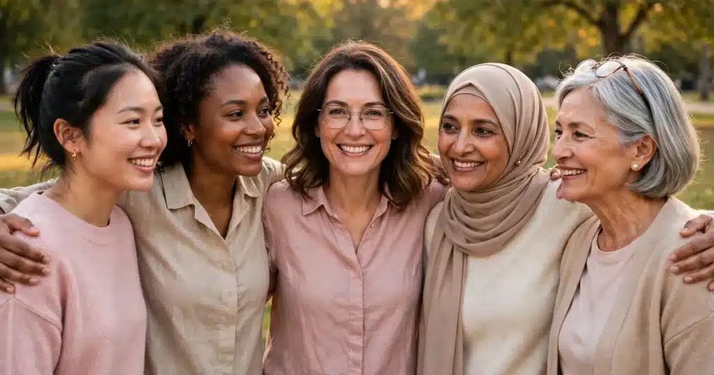 Group of women of varied ages standing together outdoors in a park, arms around shoulders, smiling in warm daylight