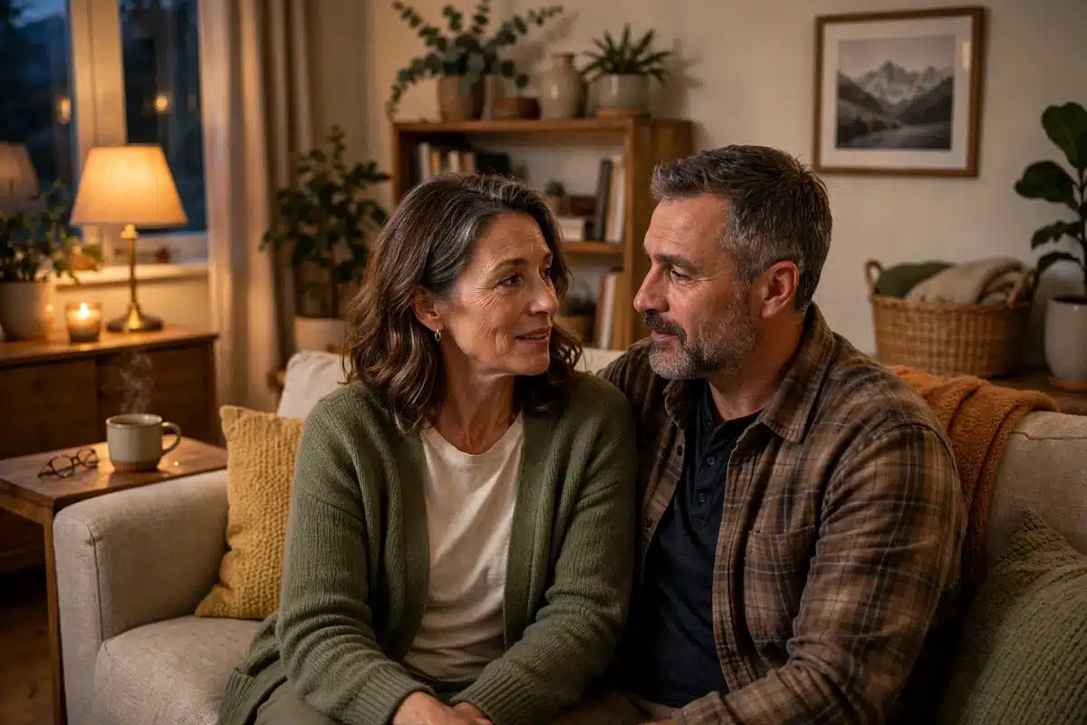 Photo of a woman and her husband sitting close together on a sofa at home in warm evening light