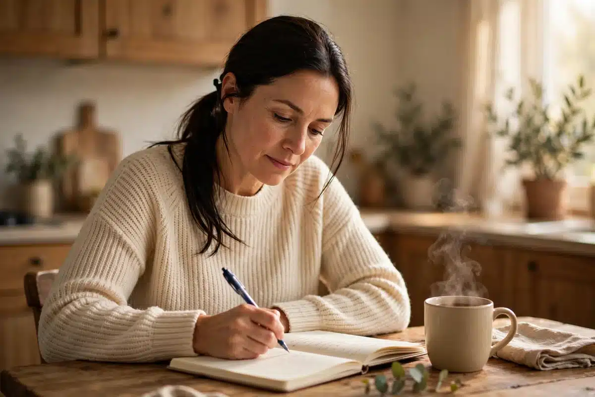 Photo of a woman writing questions in a notebook at her kitchen table at home