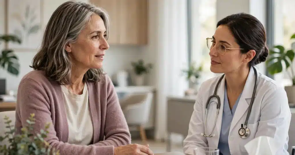 Photo of a woman in her 50s talking calmly with her doctor across a desk in a bright clinic office