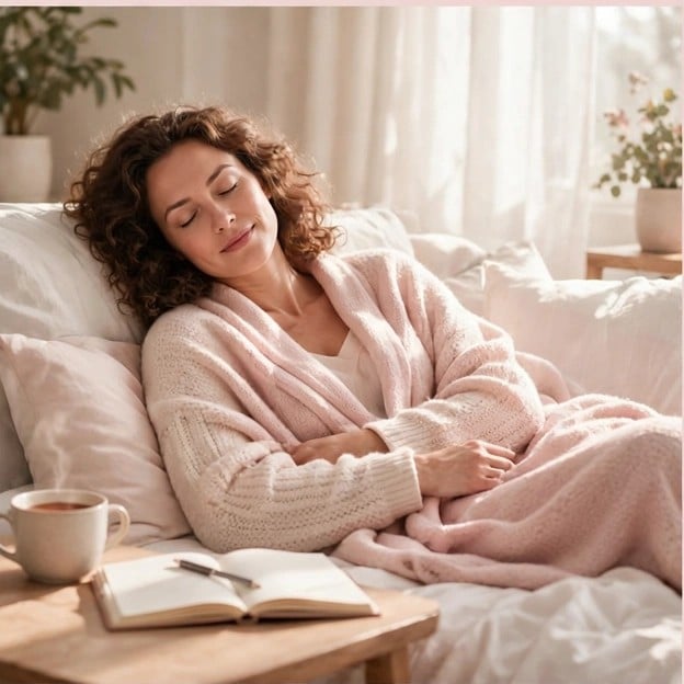 A woman resting peacefully on a sofa with a journal and a cup of tea nearby
