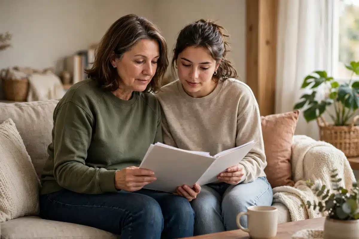 Photo of a middle-aged woman and her adult daughter sitting together on a couch at home, looking through a folder of medical papers calmly, warm supportive mood, soft window light, plain comfortable clothing, no readable text, no logos
