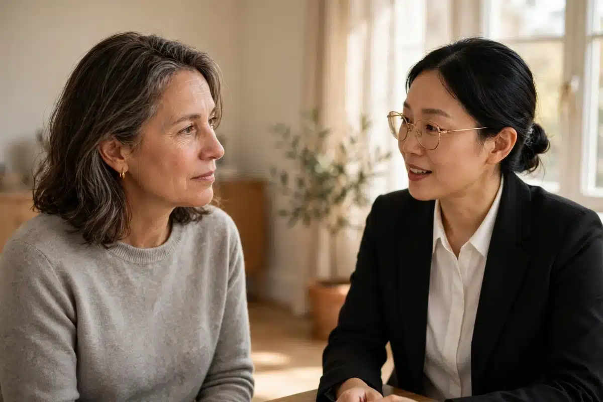 Photo of a woman in her 50s talking with a female doctor in a bright consultation room, both seated, the woman listening attentively with a calm expression, warm daylight, plain professional clothing, no readable text, no logos