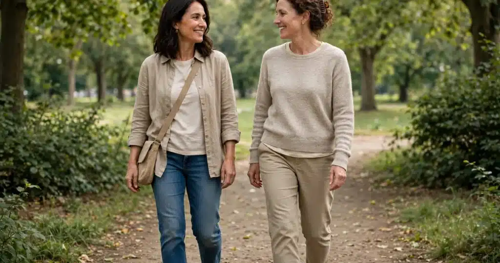 Photo of two women in their 40s walking side by side on a leafy park path, talking warmly, relaxed and hopeful, soft daylight, plain casual clothing, no readable text, no logos