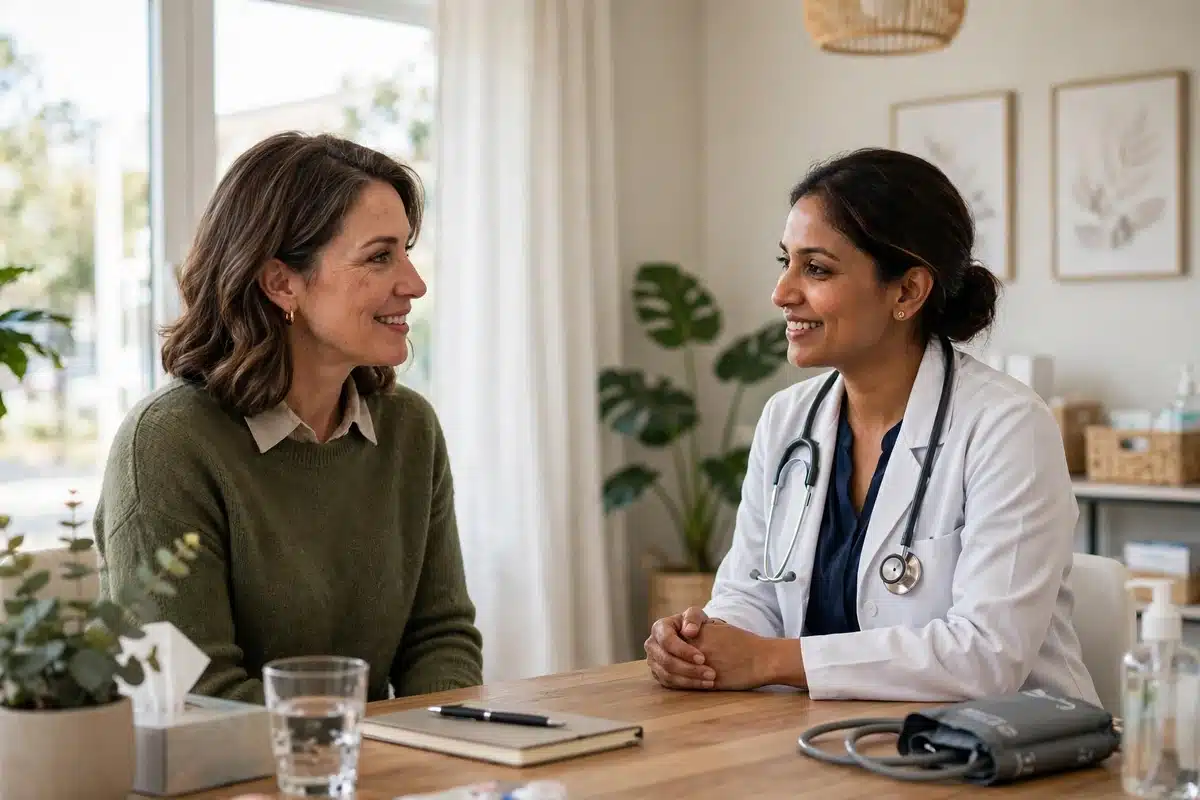 A woman talking with her female doctor across a desk in a bright, modern clinic office
