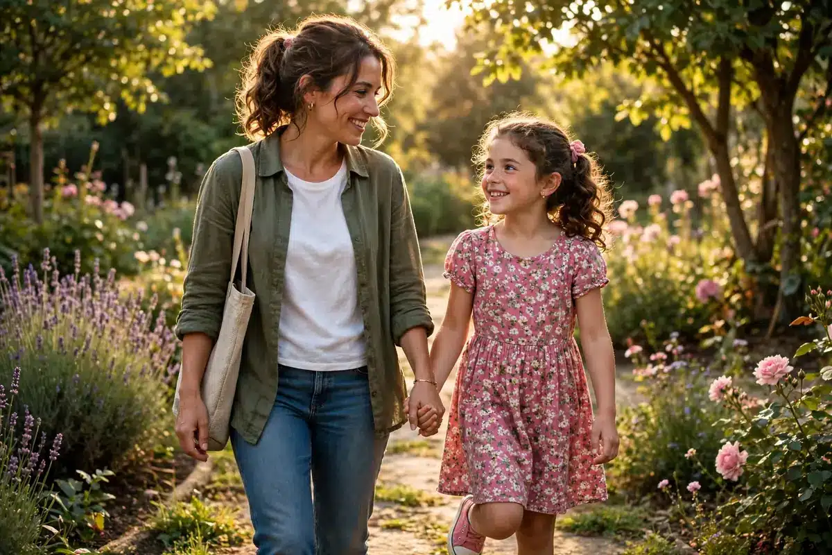 A mother and daughter walking together on a sunny garden path, both relaxed