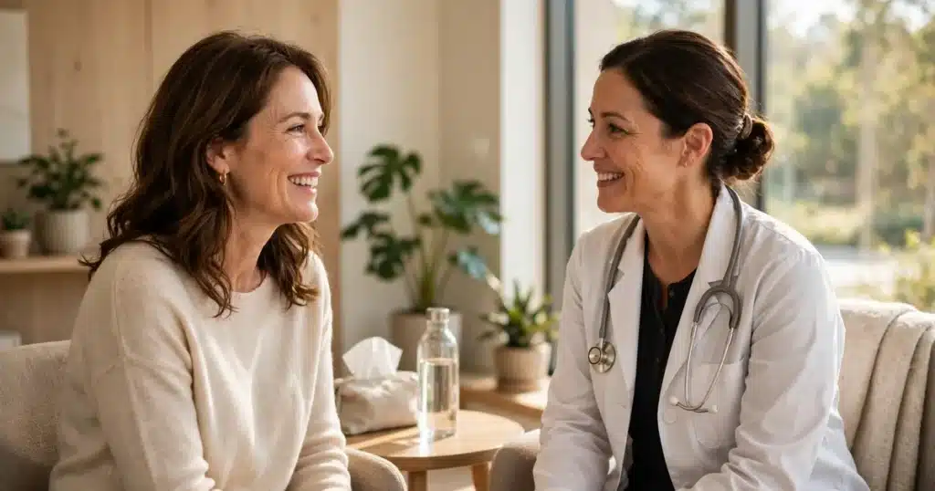 Smiling woman consulting with her doctor in a sunlit medical office