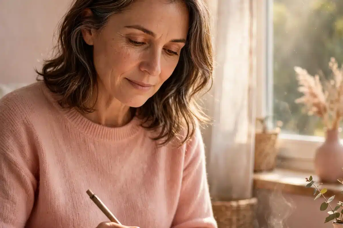 A woman sitting quietly by a bright window in the morning, holding a warm mug, with a calm, thoughtful expression