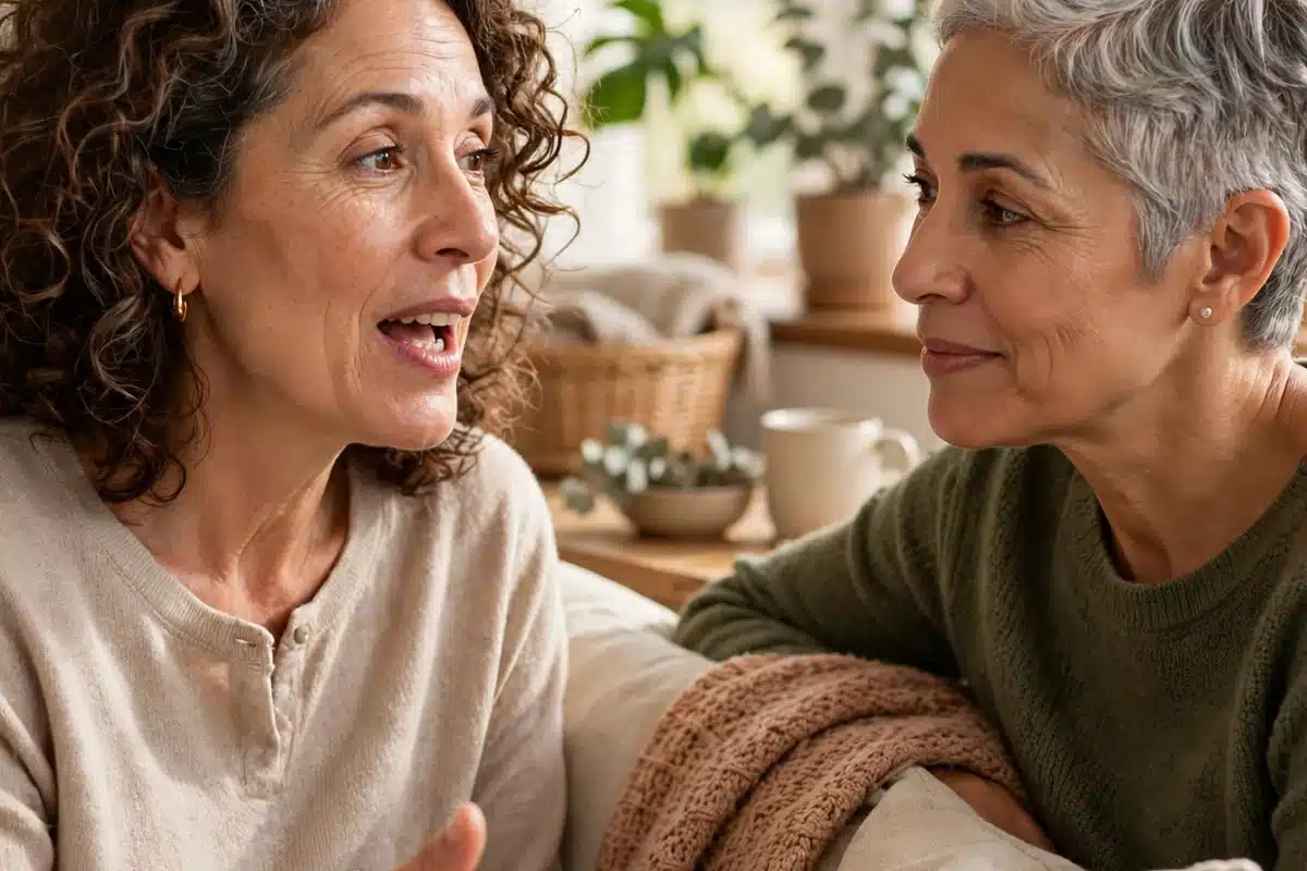 Two women talking warmly together on a couch in a bright living room, one listening with empathy