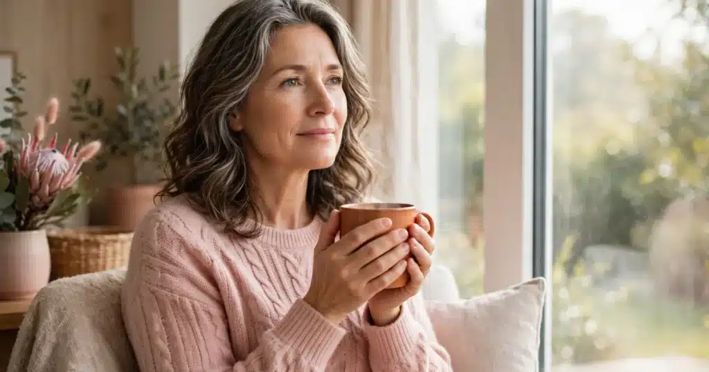 A woman in her early 50s sitting by a bright window holding a warm mug, calm and thoughtful in soft morning light