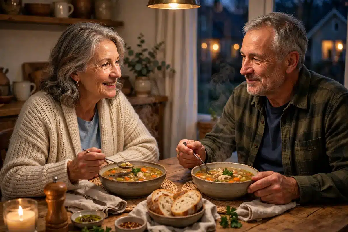 Photo of a woman sharing bowls of homemade soup with her husband at their dining table at home