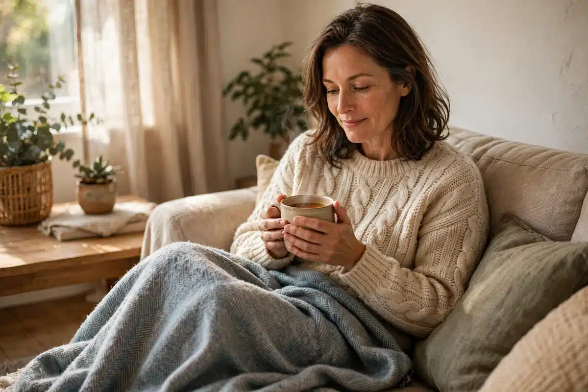 Photo of a woman resting on her sofa at home holding a warm mug of tea, a soft blanket over her legs
