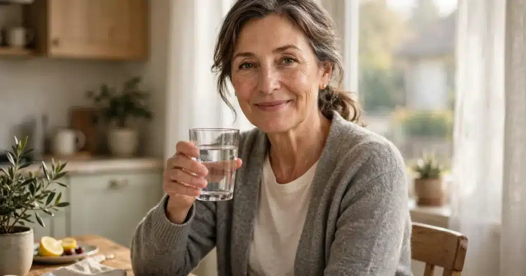 Photo of a woman drinking a glass of water at her kitchen table in soft morning light