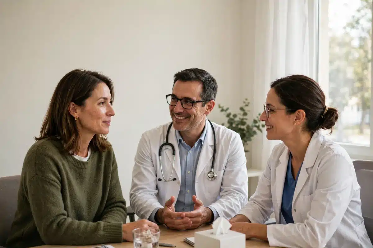 Photo of a woman talking with two doctors together in a bright clinic consultation room