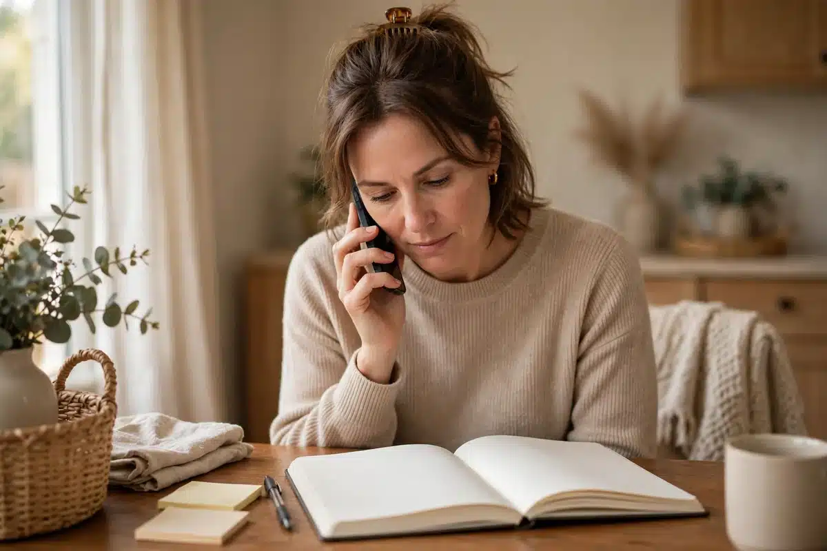 Photo of a woman at home on the phone with a notebook open, preparing questions for her care team