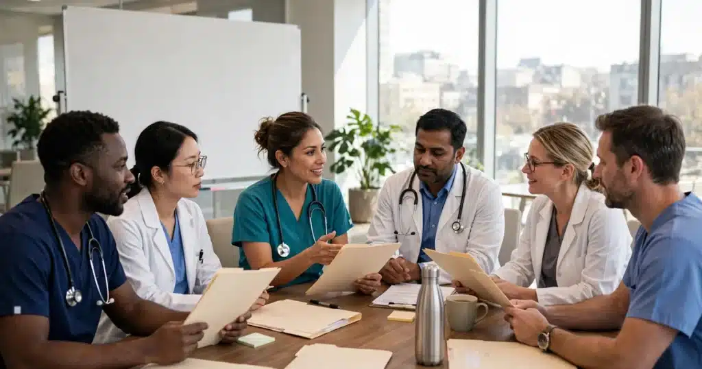 Photo of a team of doctors and nurses of different specialties talking together around a table in a bright meeting room
