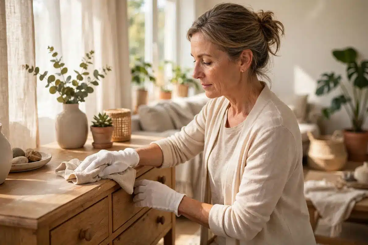 Photo of a woman wearing soft cotton gloves while doing light housework at home in warm natural light