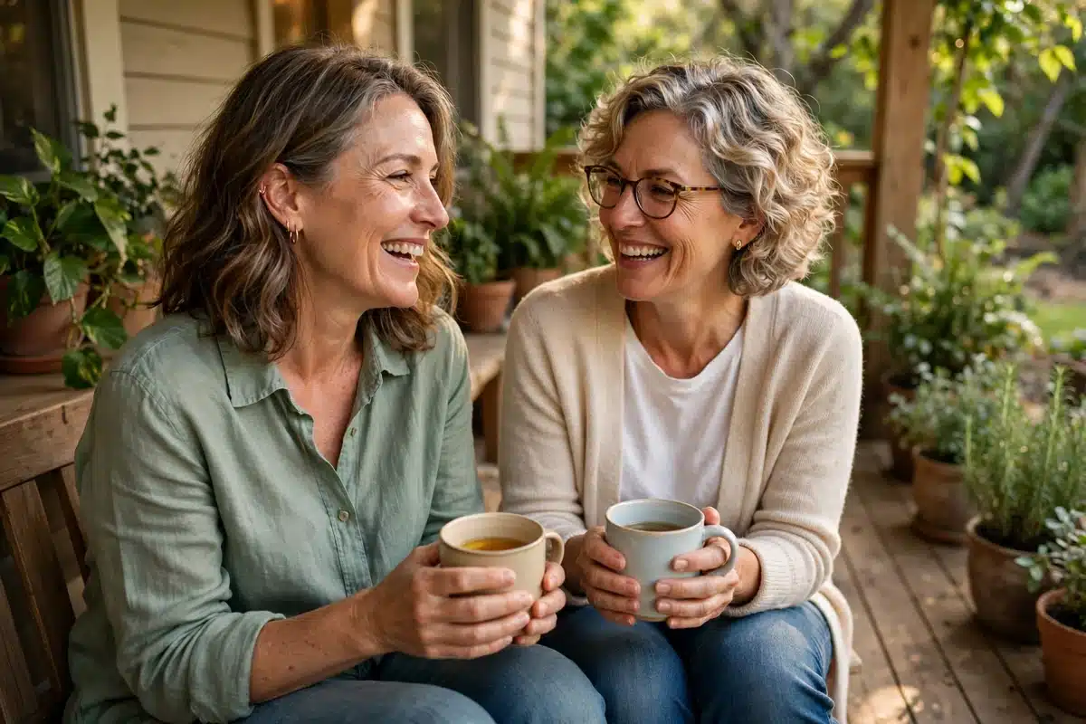 Photo of two women friends sitting on a porch together with cups of tea, laughing gently in afternoon light