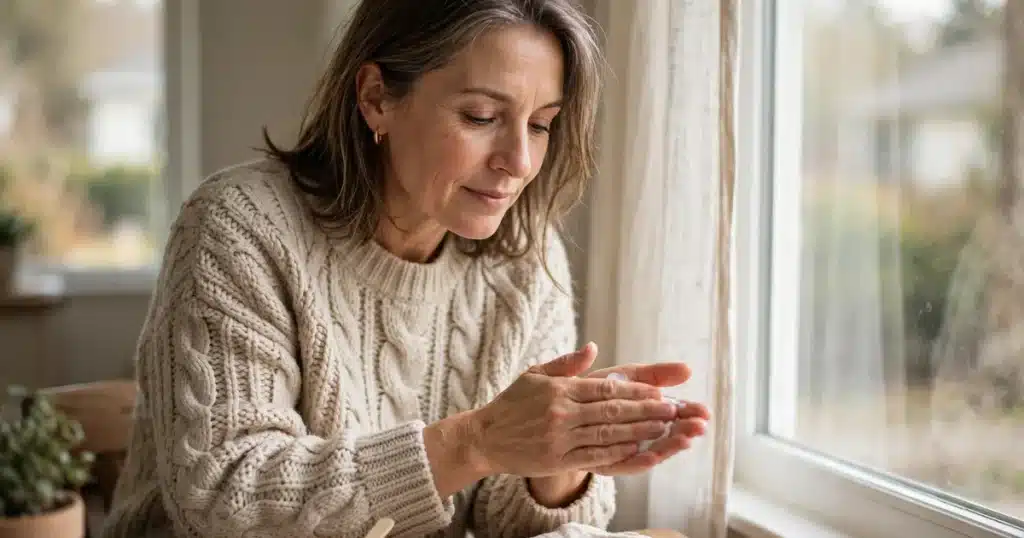 Photo of a woman in her 50s sitting by a bright window at home gently applying hand cream, calm everyday moment