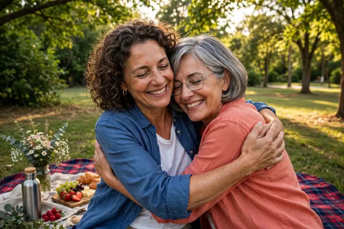 Photo of two women friends in their 50s hugging warmly at an outdoor celebration picnic in a park in warm June sunlight