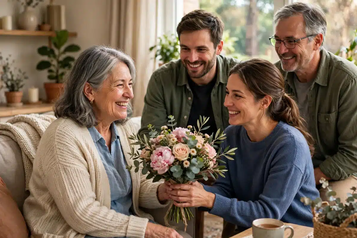 Photo of a woman in her 60s smiling as her family presents her with a bouquet of flowers at home in warm natural light, a small celebration of life after treatment