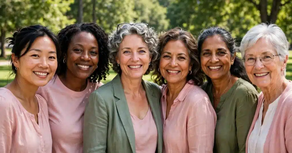 Photo of a diverse group of women survivors of different ages standing together in a sunny park in June, smiling warmly at the camera, some wearing soft pink tops