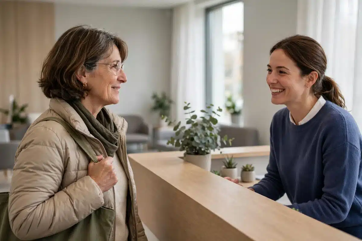 Photo of a woman arriving at the reception area of a bright modern clinic for an appointment, greeted warmly by a staff member