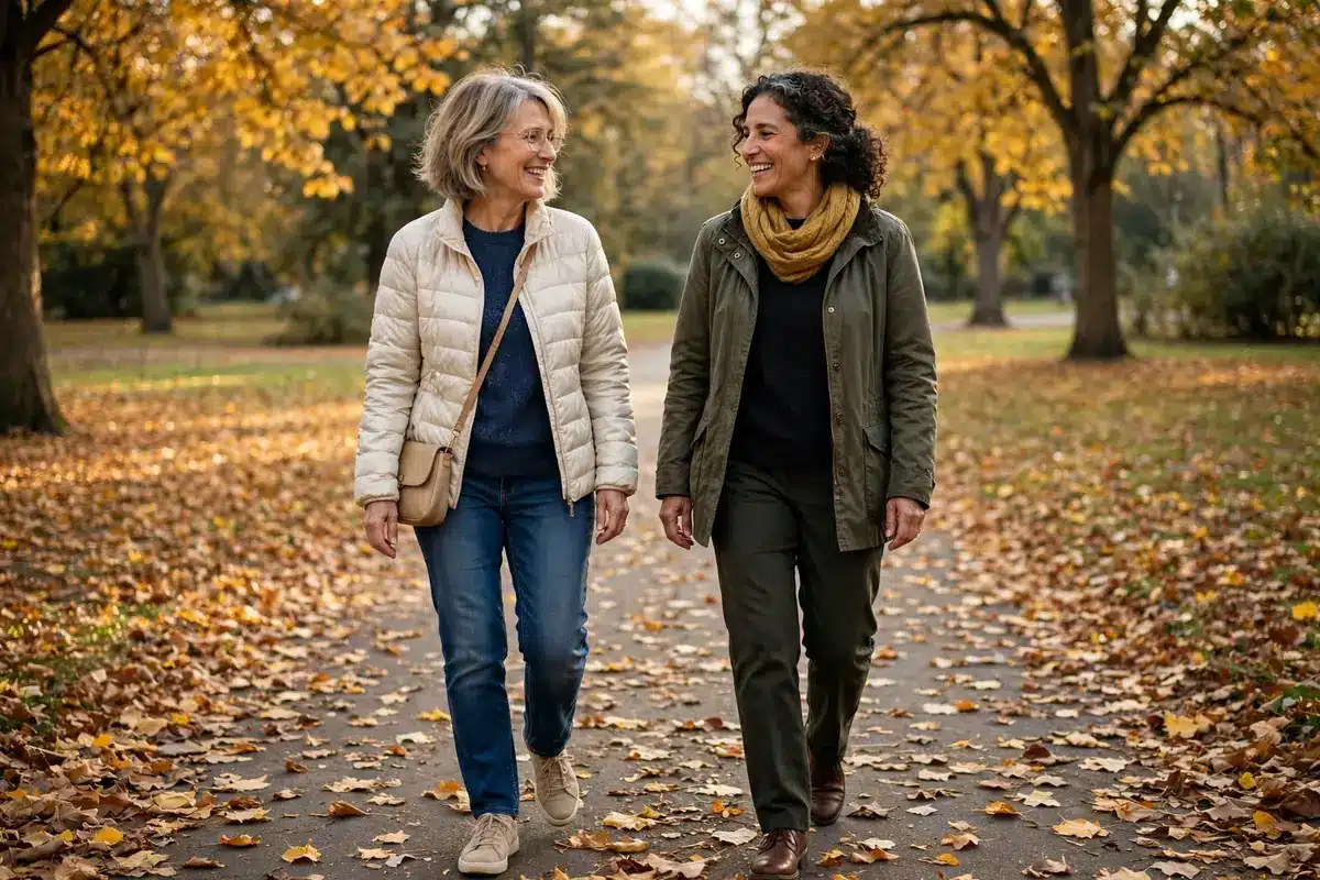 Photo of two women friends walking together through an autumn park with golden leaves, talking warmly in soft afternoon light