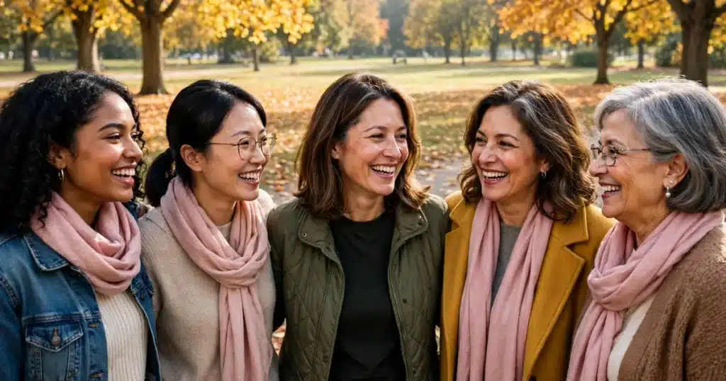 Photo of a group of women friends of different ages standing together outdoors at an autumn community awareness gathering, smiling, a few wearing soft pink scarves